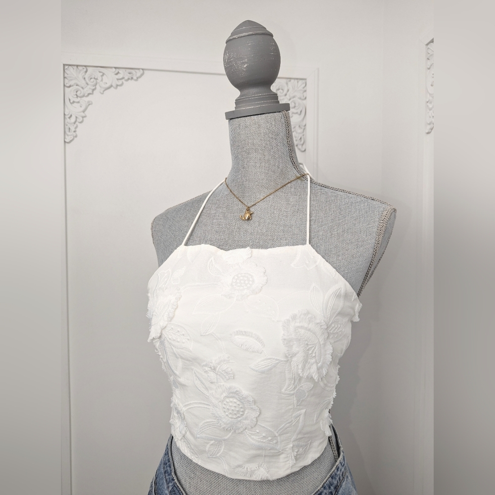 Cotton White Applique Tie Halter Top